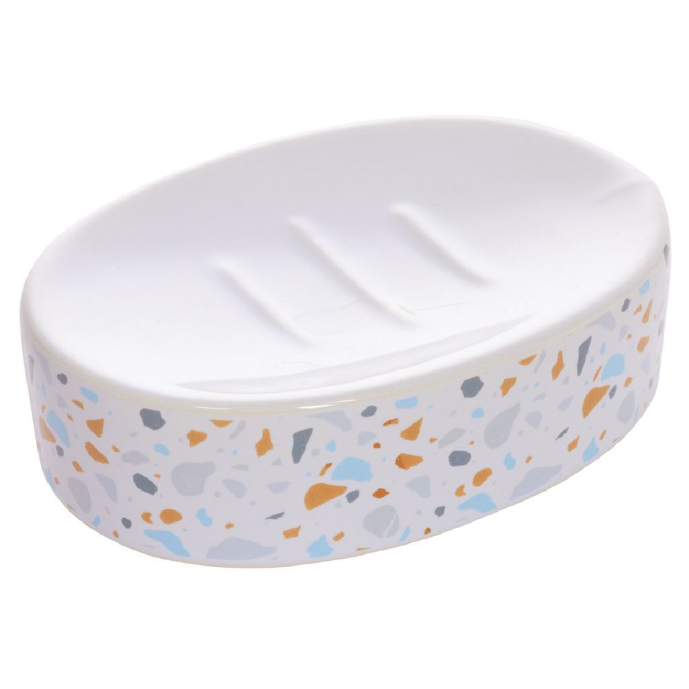 Porte-savon céramique motif terrazzo blanc et bleu 13x8,5xH3cm