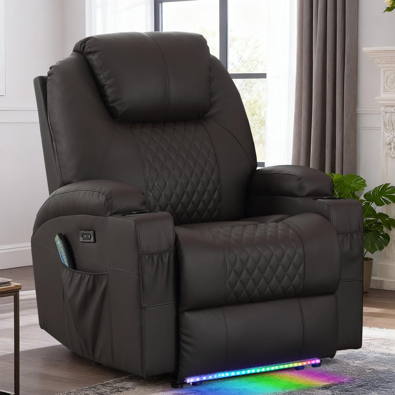 Power Recliner Chair with Heat and Massage for Adults - Home Theater Seating with LED Lights,Cup Holders,Side Pocket,USB Port - Recliner Sofa for Living Room (Brown, Single Recliner)