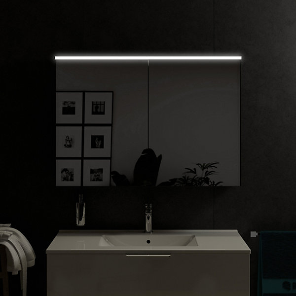 Armoire de toilette suspendue Blanc mat 100x18x70cm (LxPxH) 2 portes miroir, éclairage LED, tablettes en verre - SOLO