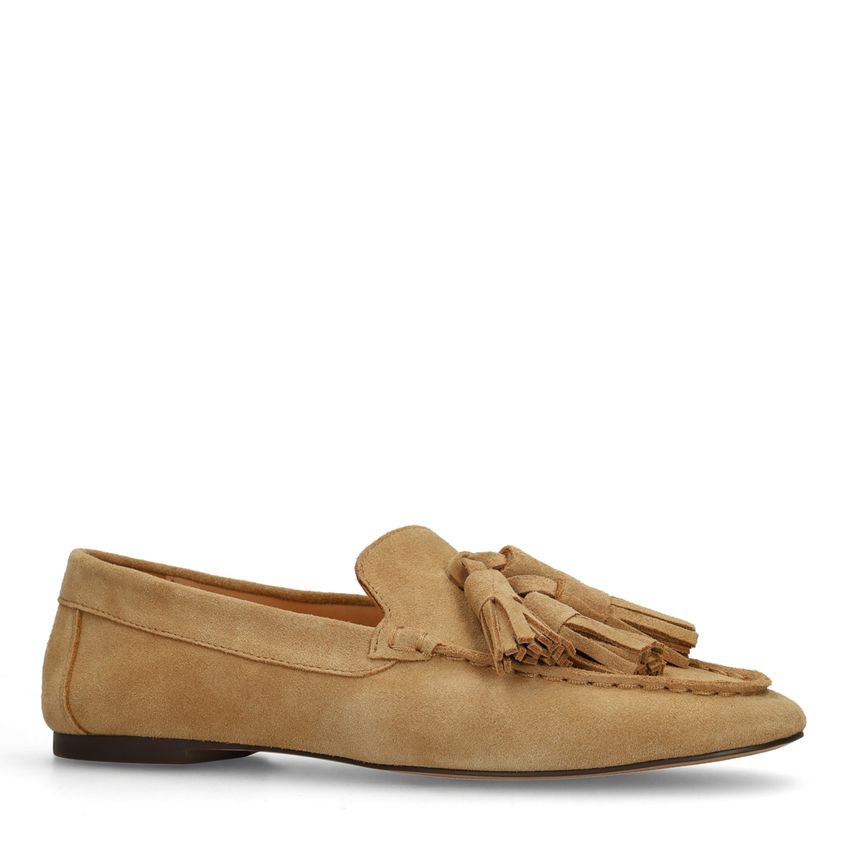 Manfield Beige suède loafers met franjes