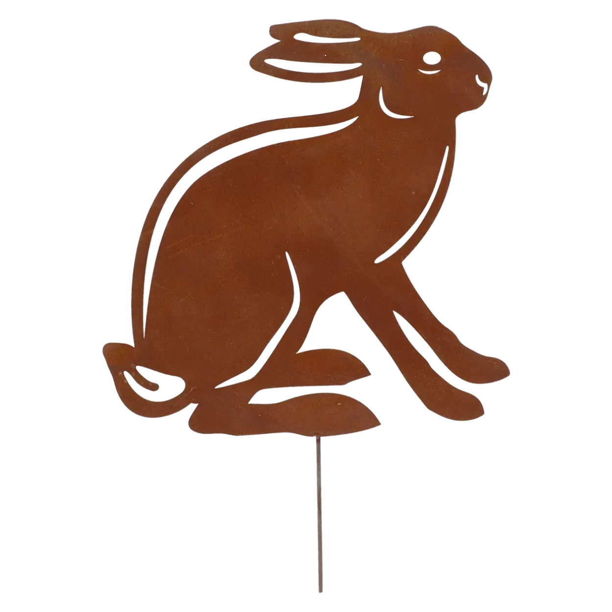 Metalowa dekoracja ogrodowa Zając na piku patyna corten 36,8 cm