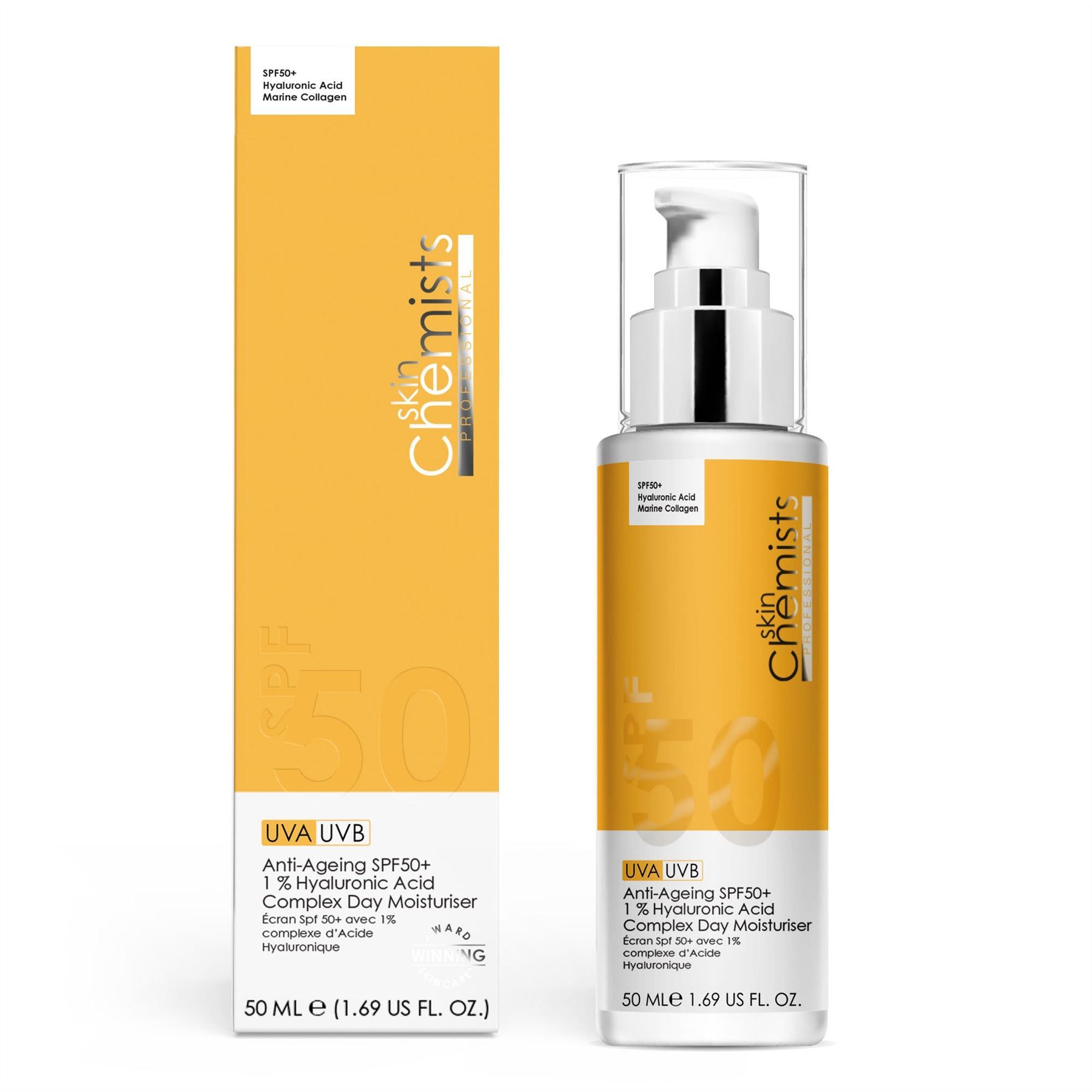 skinChemists professional Anti-Ageing SPF 50 1% Hyaluronic Acid Day Moisturiser 50ml for Hydration and Plumping