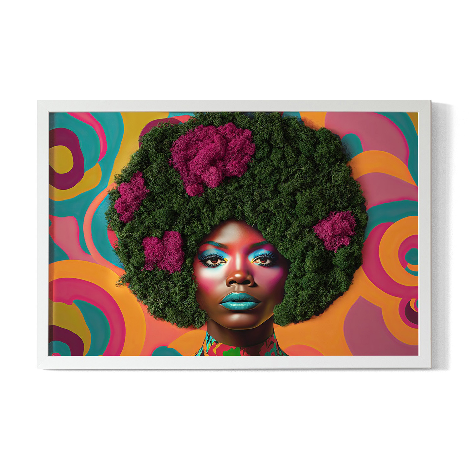 Obraz z mchem - Kobieta z afro 60x40 cm Biała Rama