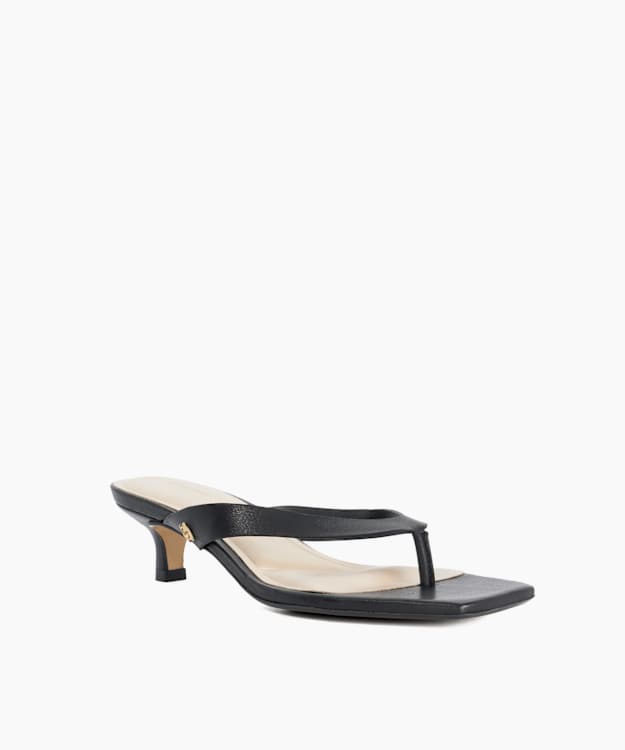 Manic Black - Square Toe Kitten Heel Flip Flop Thong Sandals