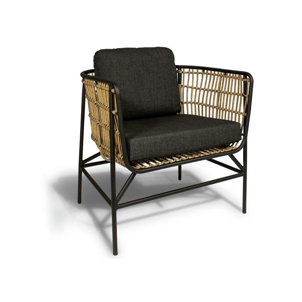 PALAWAN - Fauteuil d'extérieur en rotin synthétique avec coussins noirs