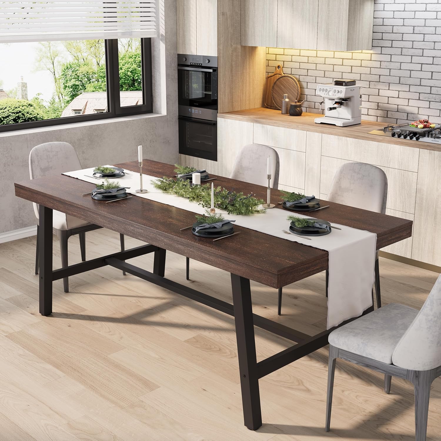 GarveeHome Industrial Dining Table for 6-8 People, 70.87 Long Kitchen Table with Sturdy Metal Frame, Rectangular Counter for Dinner, Kitchen, Dining Room (Rustic Birch, 71 Non-extendable)