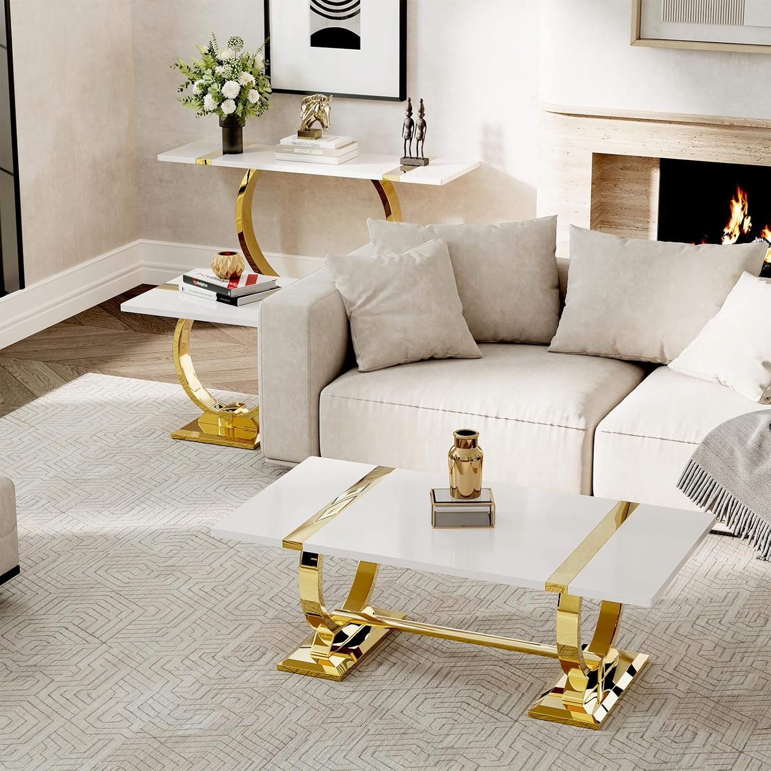 Asday 2 Pieces Modern Living Room Table Set, Wood Coffee Table and Console Table with U-Shape Golden Metal Frame, White and Gold