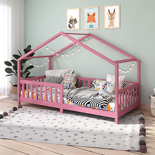 Lit cabane LISAN 90 x 190 cm, en pin massif lasuré rose