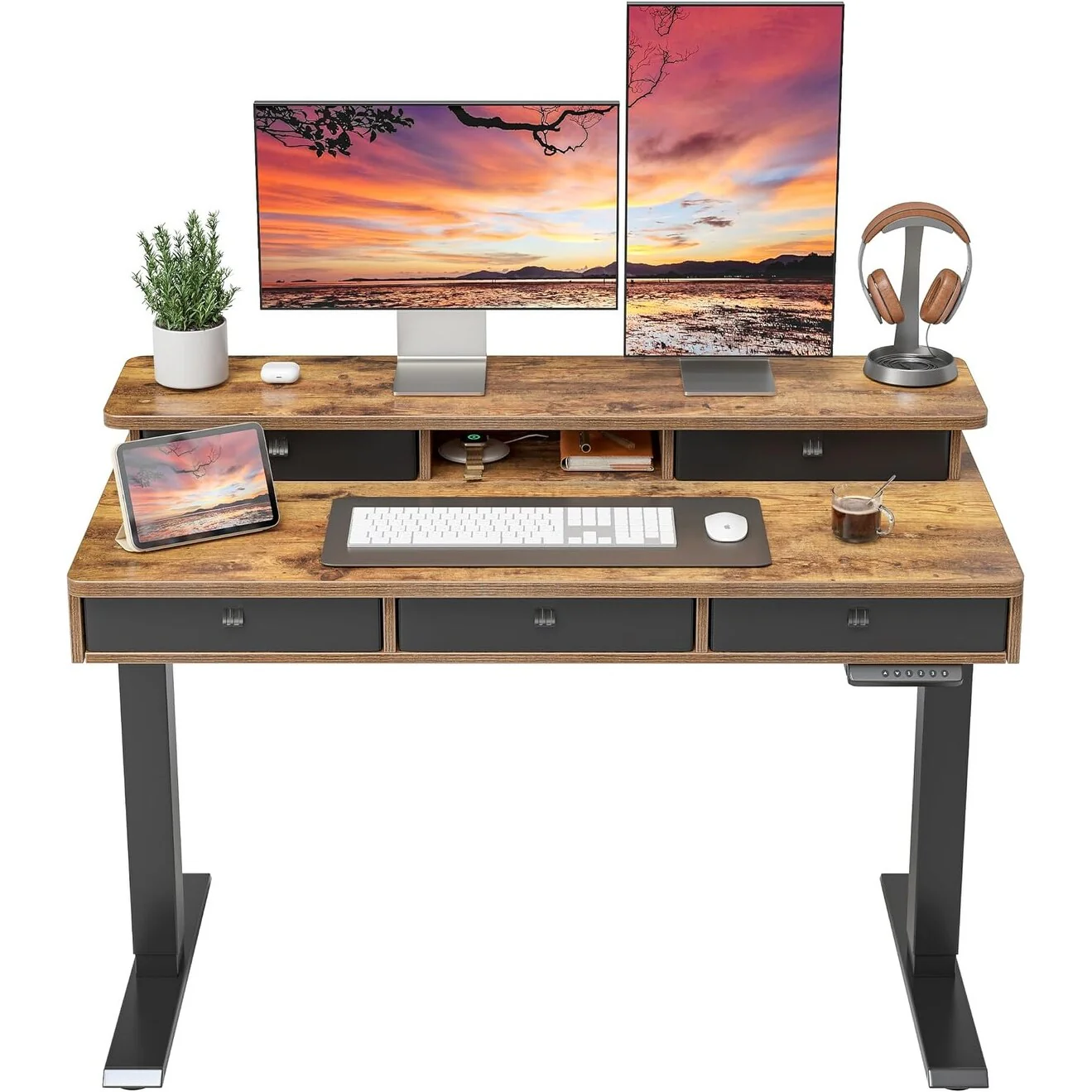 FEZIBO Height Adjustable Electric Standing Desk with 5 Drawers, Table with Storage Shelf, Sit Stand Desk