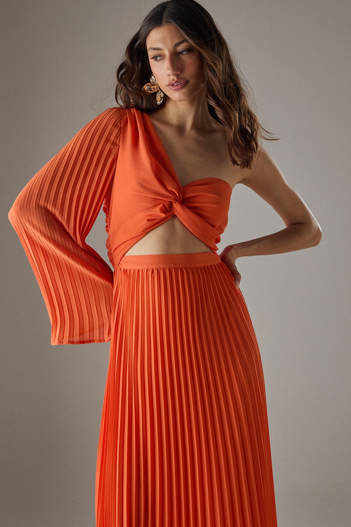 Warehouse Chiffon Pleated One Shoulder Cut Out Midi Dress