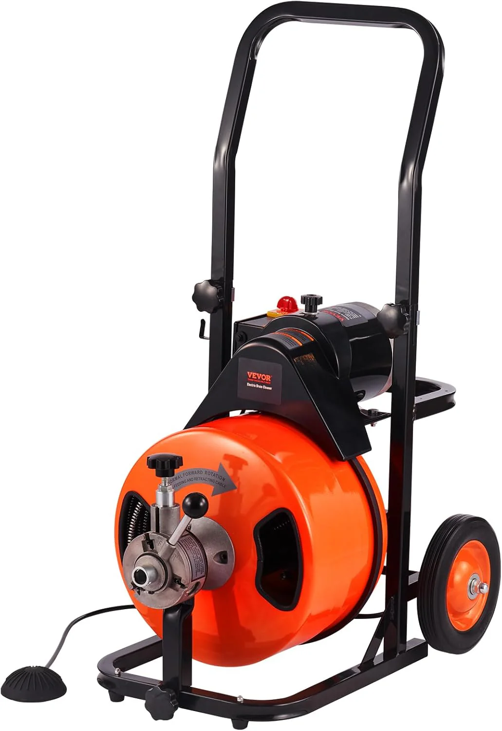 Drain Cleaner Machine 100FT x 1/2Inch, Auto Feed Sewer Snake Auger with 4 Cutter  Air-activated Foot Switch for 1 to 4 Pipes, Orange, Black