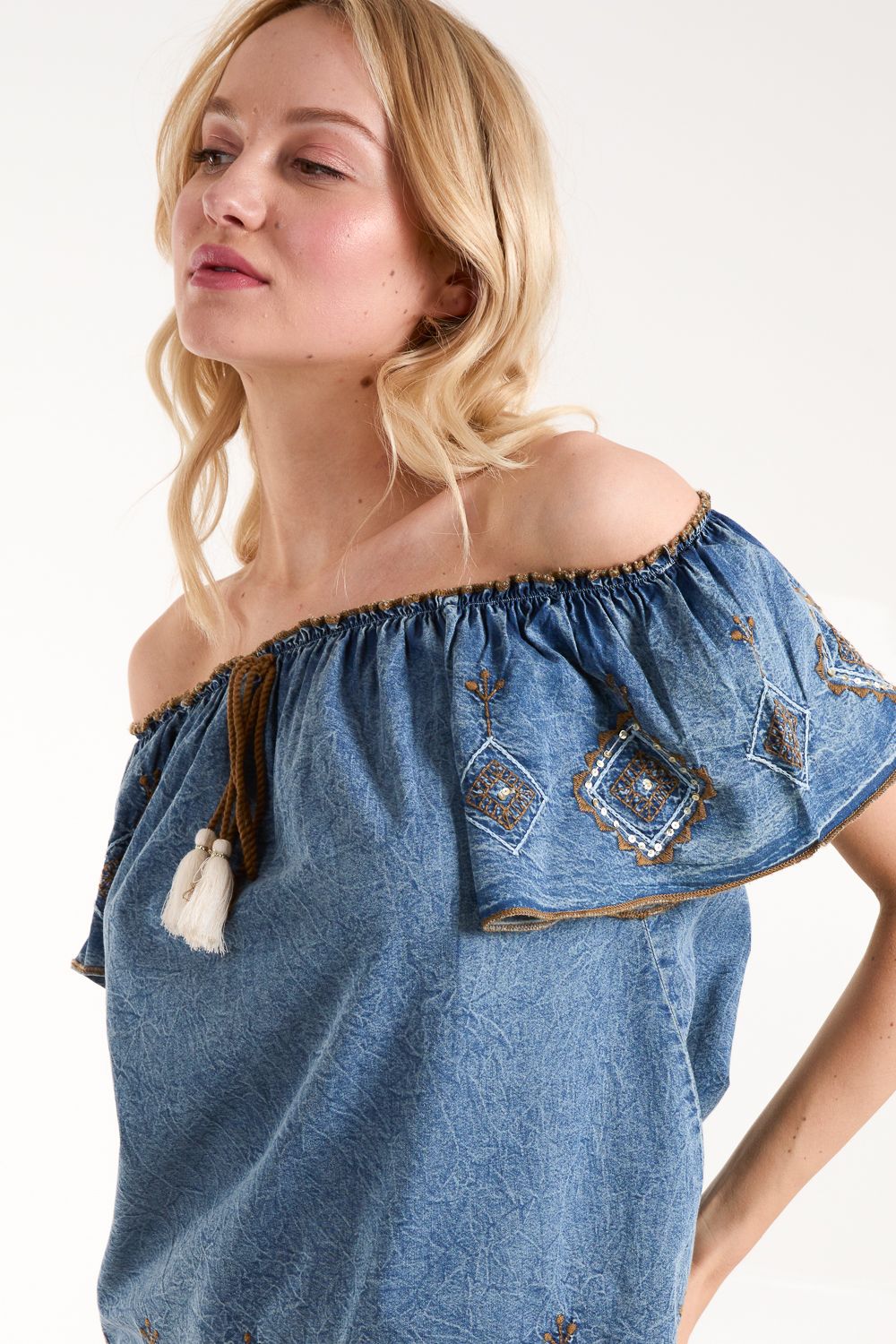 Blue Vanilla Denim Embroidered Bardot Top