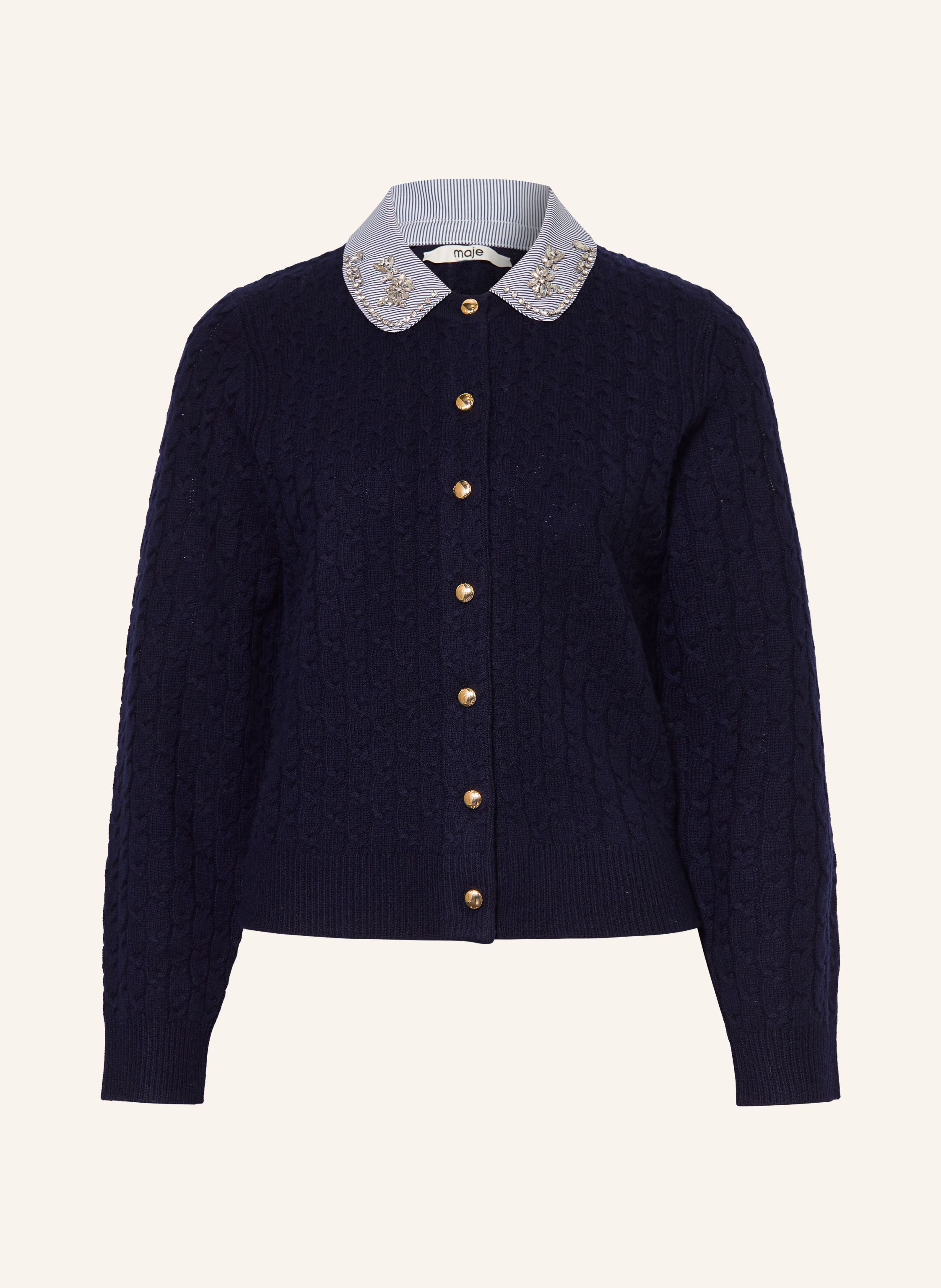 maje Strickjacke mit abnehmbarem Kragen und Schmucksteinen