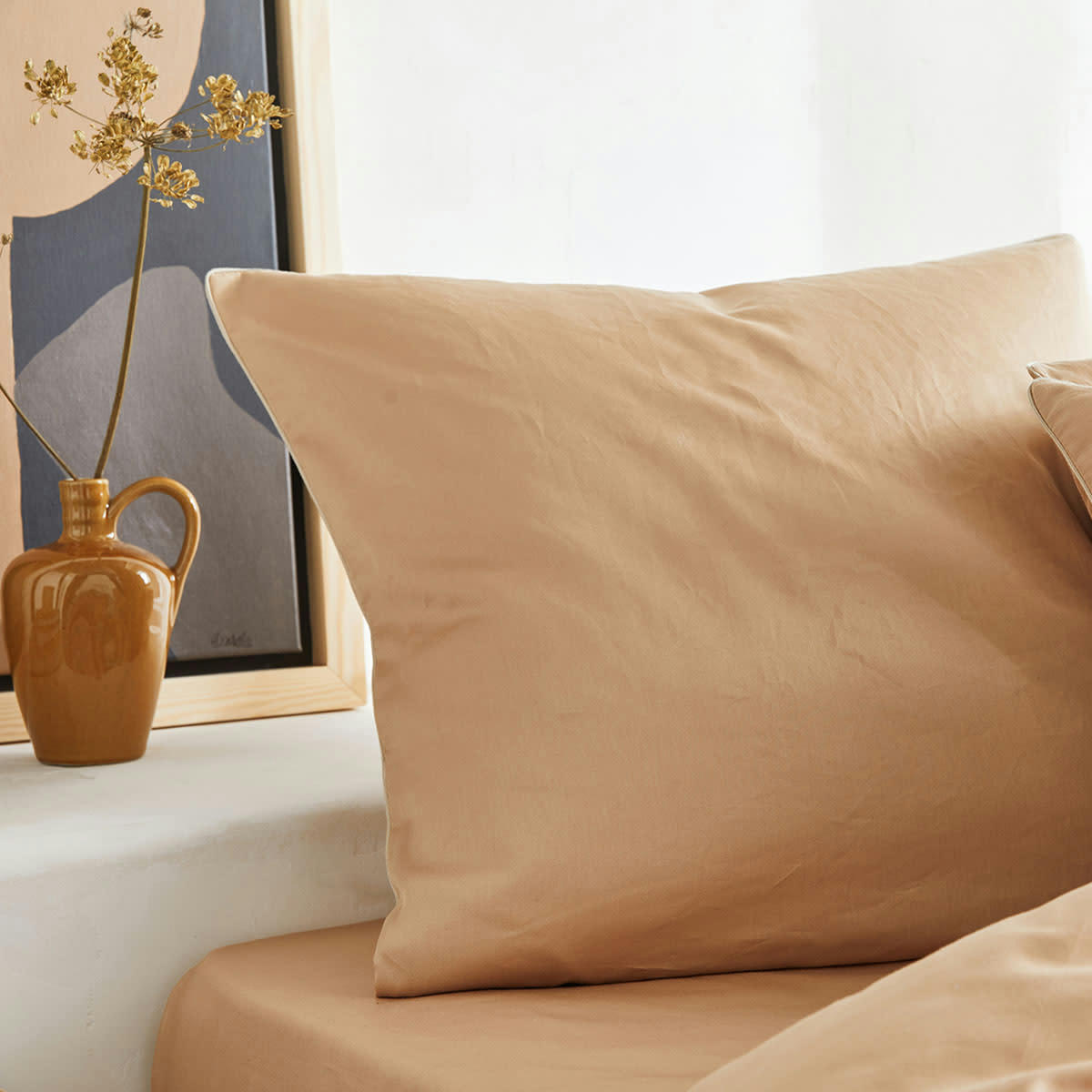 HEURE DOREE - Taie d'oreiller unie en satin de coton beige 50x70