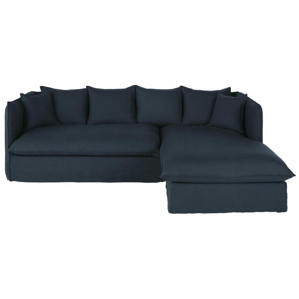 Louvain - Housse de canapé d'angle droit en lin froissé bleu nuit