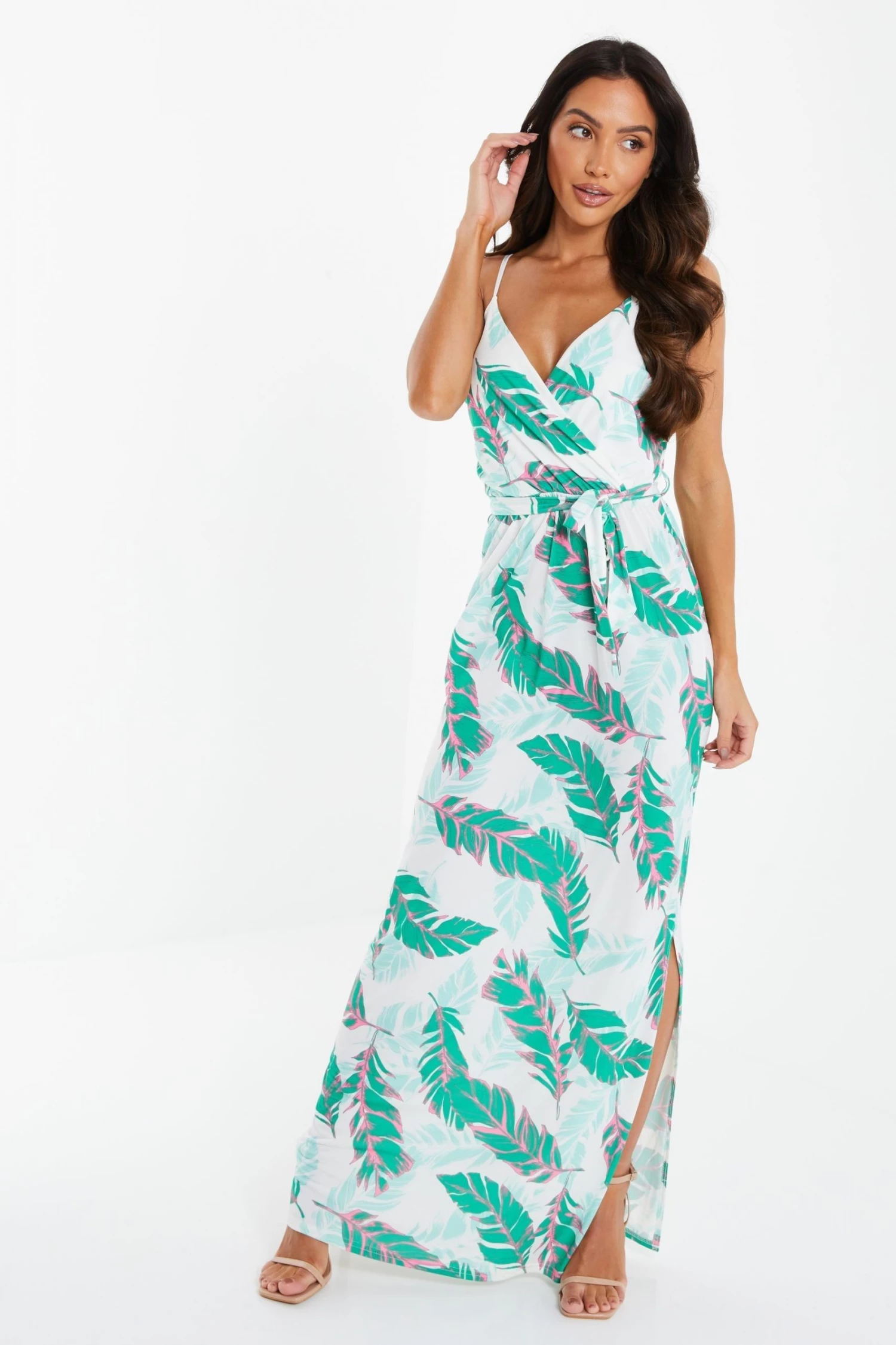 Quiz White & Green Tropical Print Maxi Dress