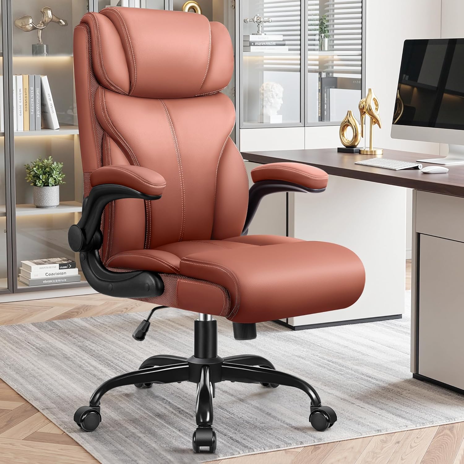 Primy Office Chair, Ergonomic Leather Desk Chair with Flip-up Armrests, Big and Tall High Back Executive Computer & Gaming Chair with Footrest, Comfy Padded, Rocking Function and Lumbar Support(Brown)