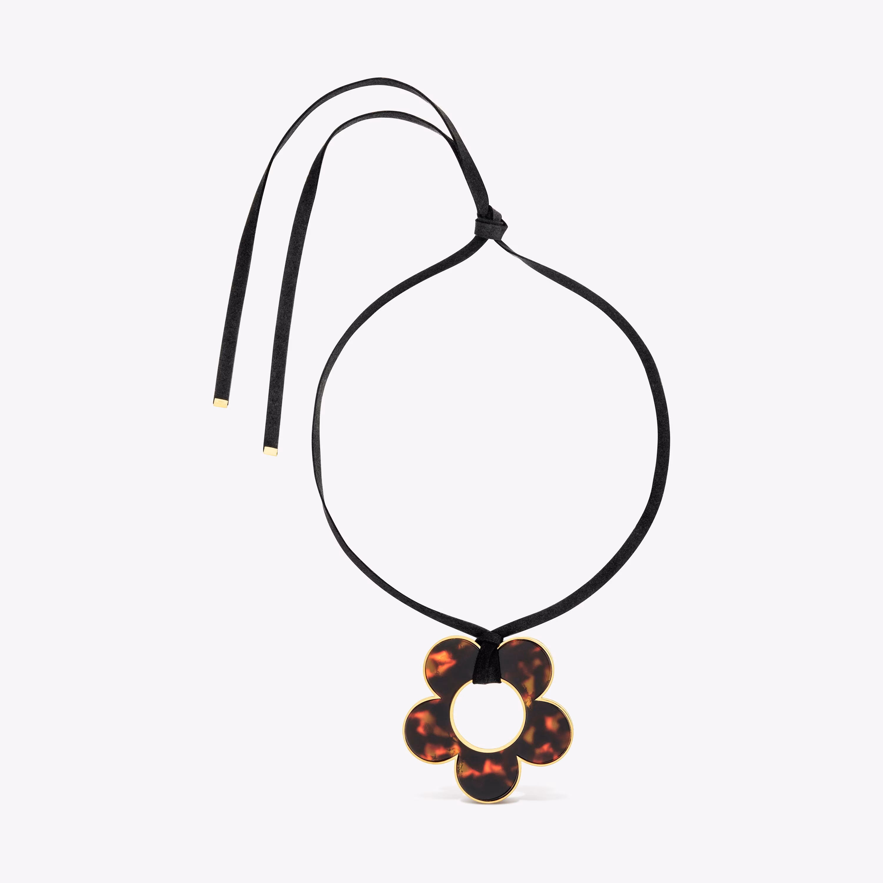 Collar flor de acero dorado, resina carey y cordón negro 40 mm Galaxy