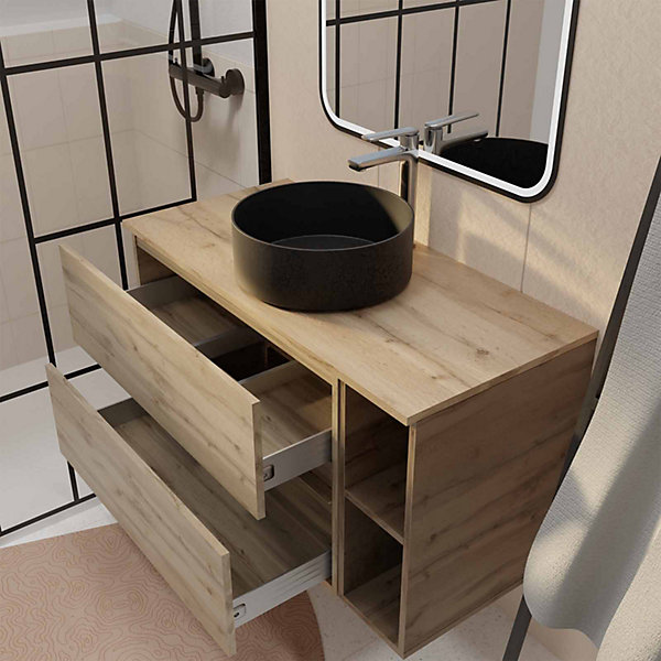 Meuble salle de bains 100 TIMBER Décor Chêne 2 Tiroirs, Vasque Noire, Miroir 60x80 LED bord Noir
