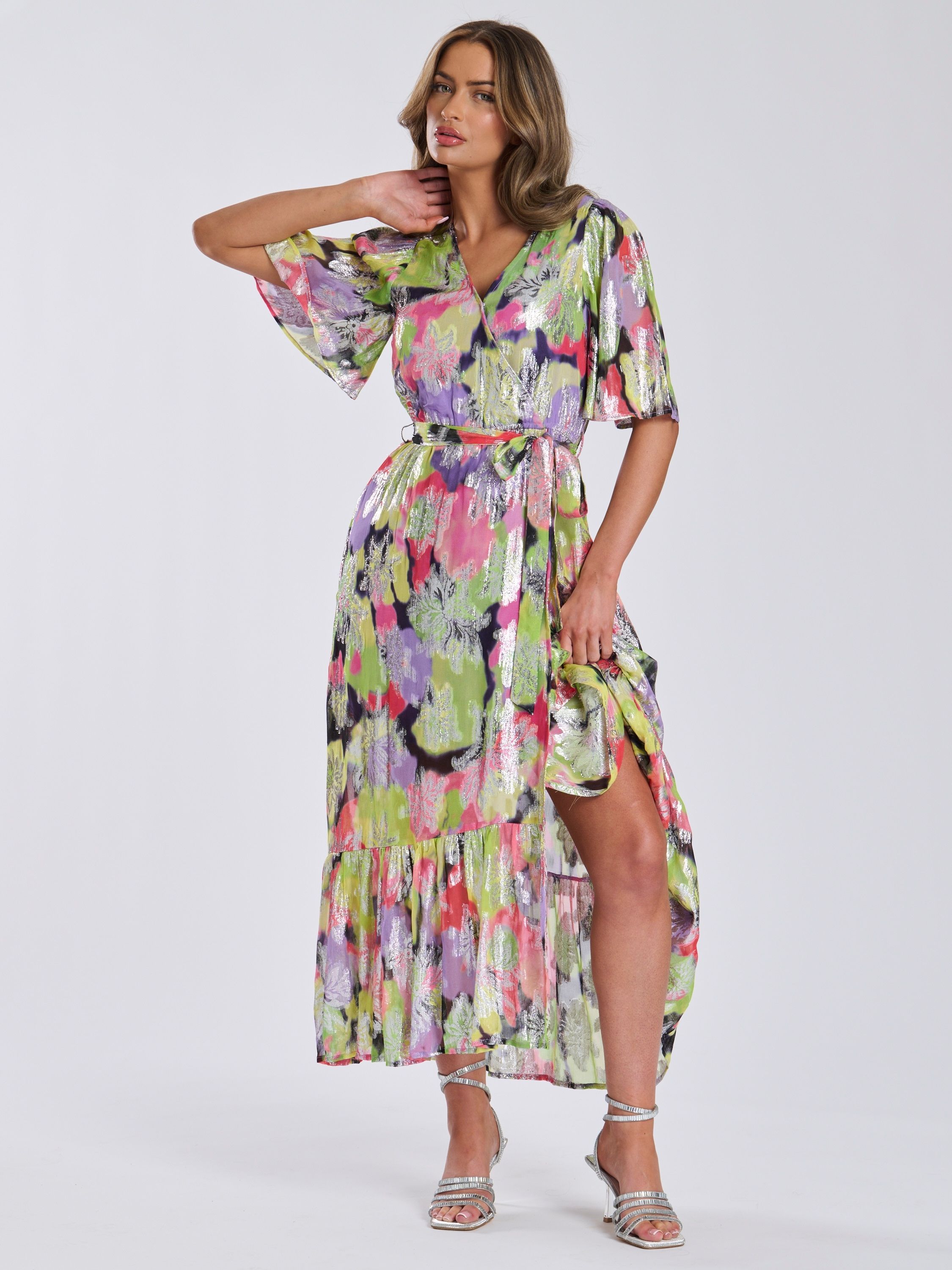 Finding Friday Metallic Printed Maxi Wrap Dress