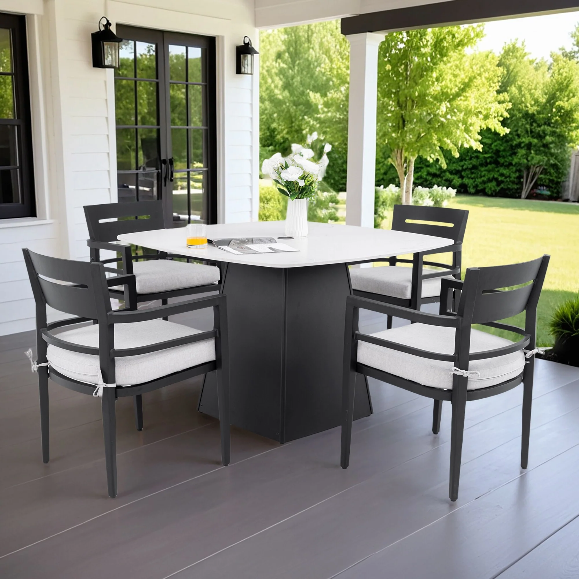 5PC Modern Patio Set - 44 Marble-Look Sintered Stone Table with Pyramid Base & 4 Sunbrella-Cushioned Chairs.