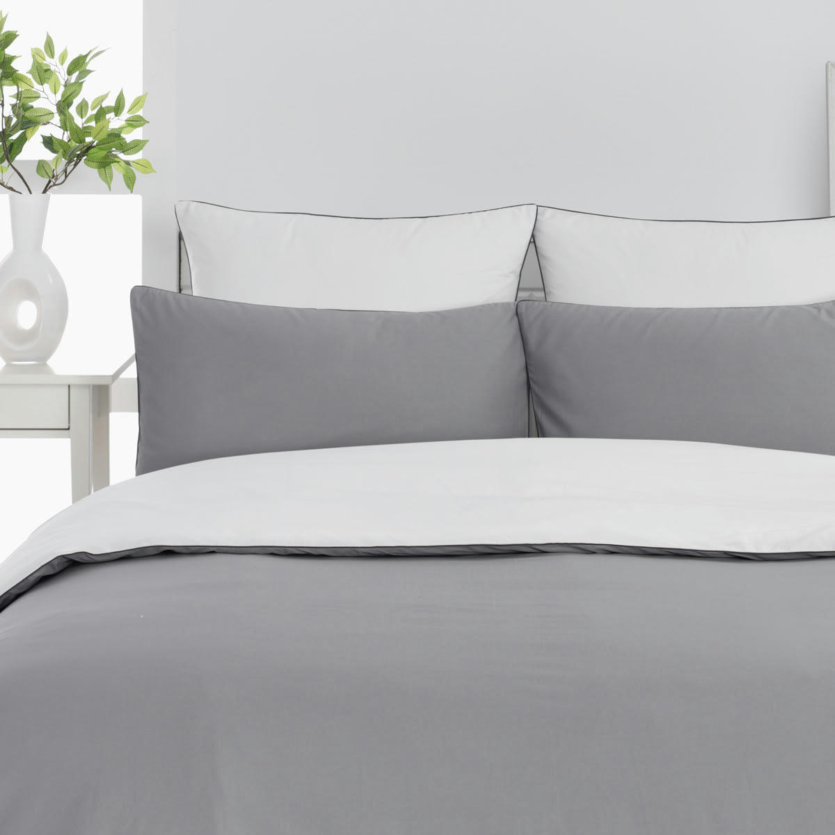 DOZMARY - Housse de couette bicolore en percale coton Gris/Blanc 260x240 cm