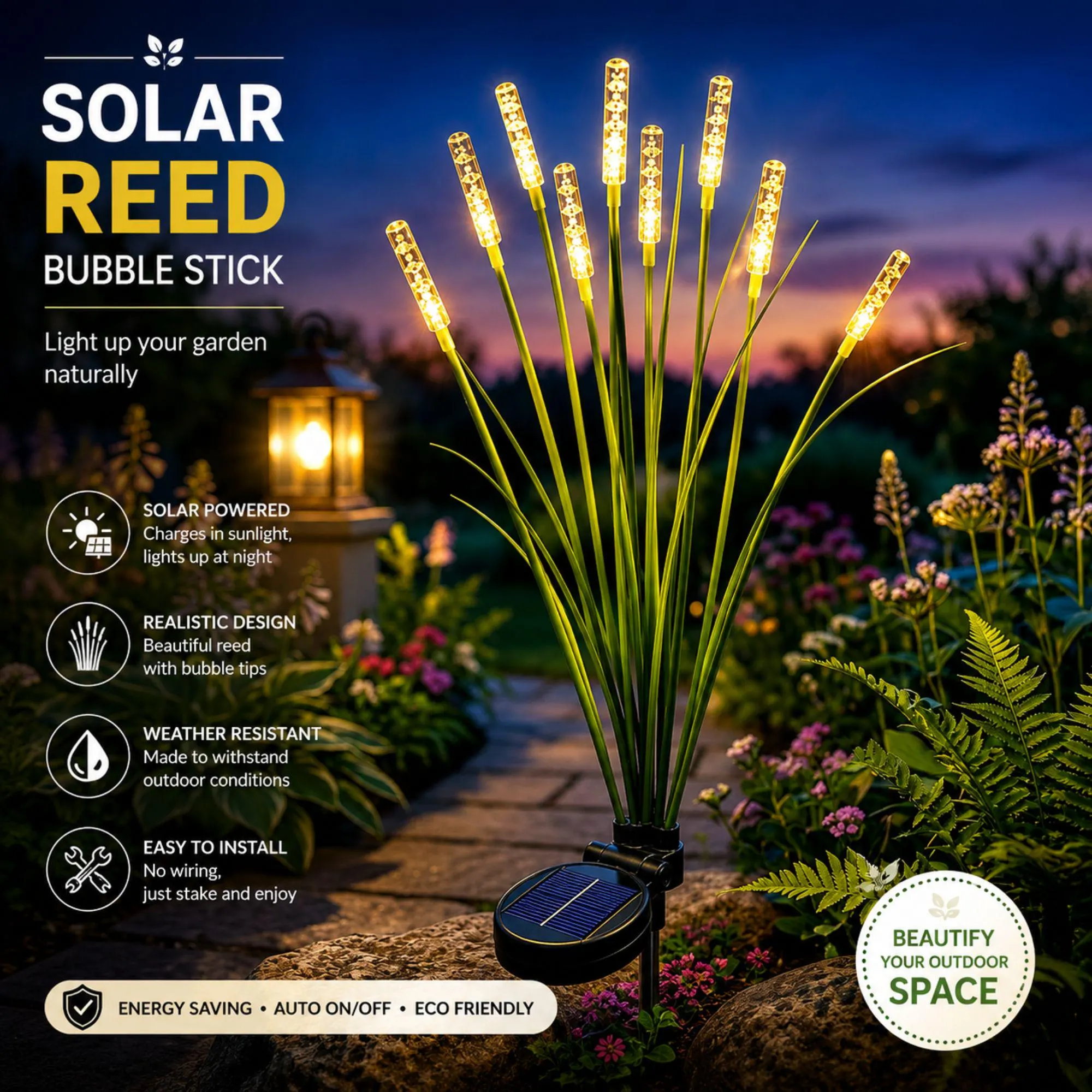 Solar Reed Cattail Garden Lights | Waterproof LED Pathway Stake | Warm White Colorful Outdoor Landscape | Patio Yard Decor | 6 8 10 Head