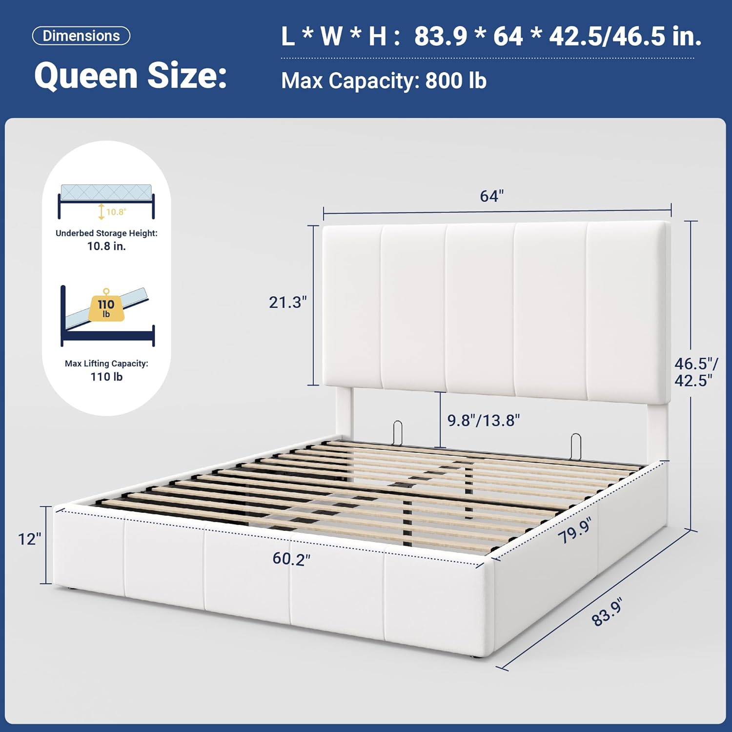 Allewie Queen Size Velvet Lift Up Storage Bed Frame, Vertical Channel Tufted Headboard, Hydrualic Underneath Storage, Upholstered Platform Bed, Wooden Slats Support, No Box Spring Needed, White