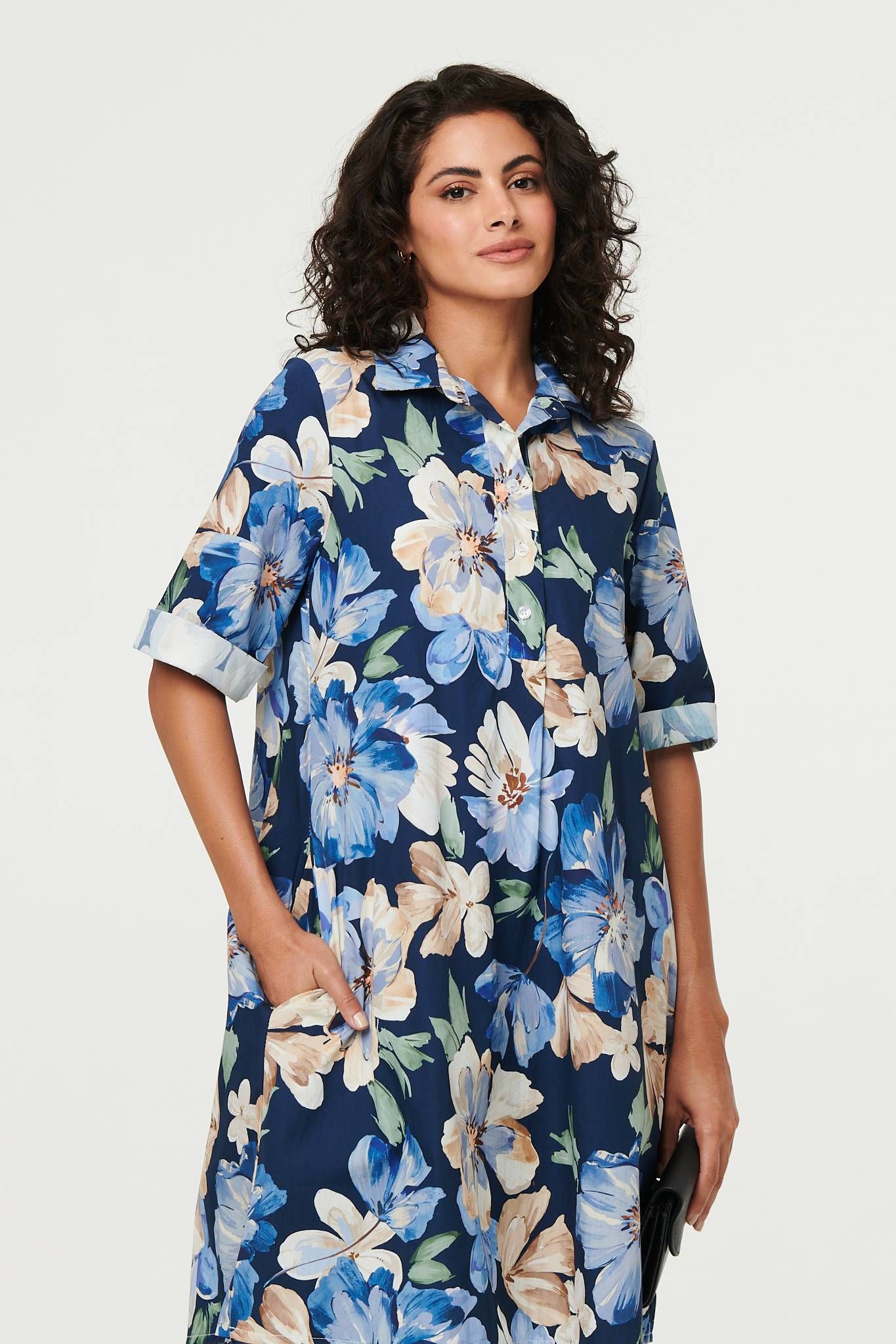 Izabel London Floral Oversized Knee Length Shirt Dress