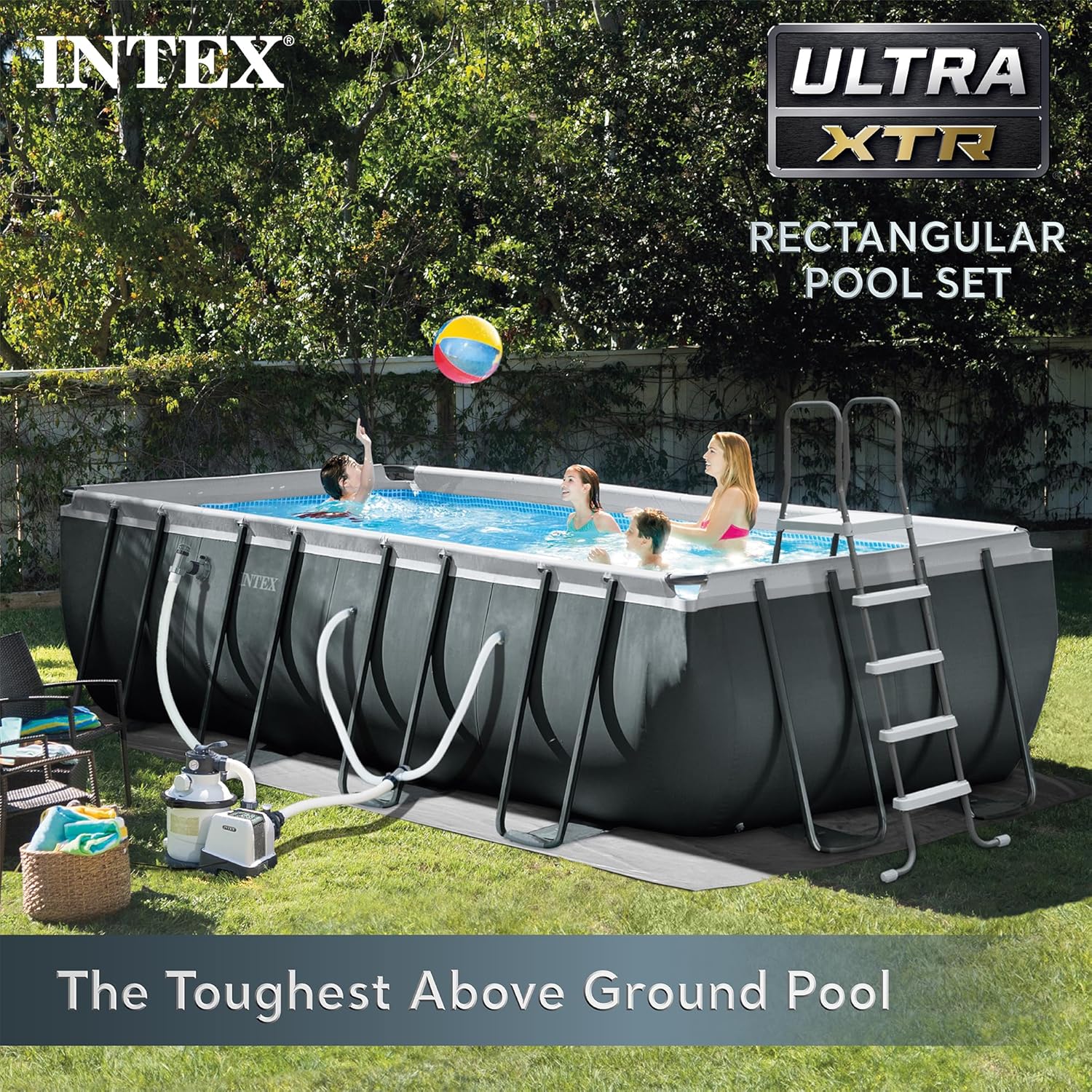 Intex 18' x 9' x 52 Ultra XTR Rectangular Frame Swimming Pool Set with Pump - Above Ground Backyard Large Rectangle Pool with 45-Inch Deep Water