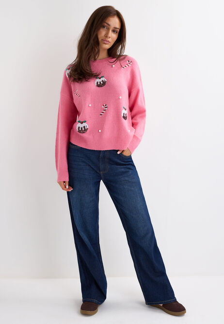 Womens Pink Sequin Christmas Pudding Jumper