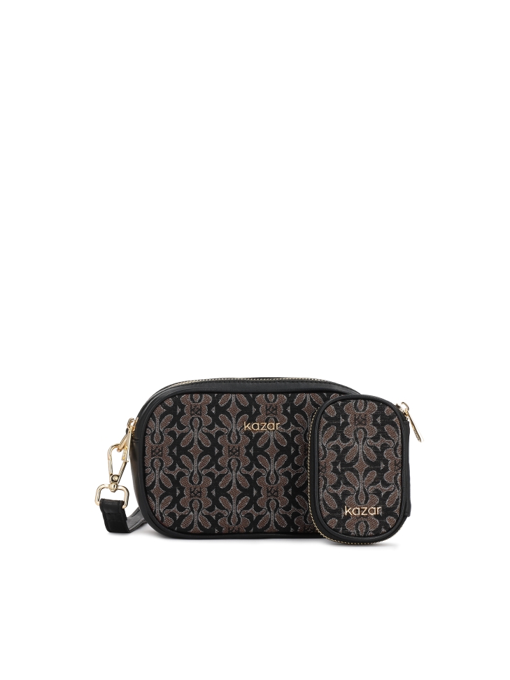 Brown and black patterned fabric handbag