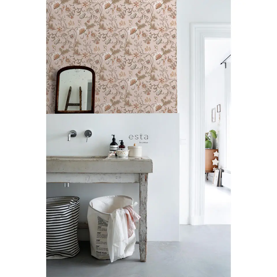 ESTAhome behang vintage bloemen oudroze, terracotta en groen - 53 cm x 10.05 m