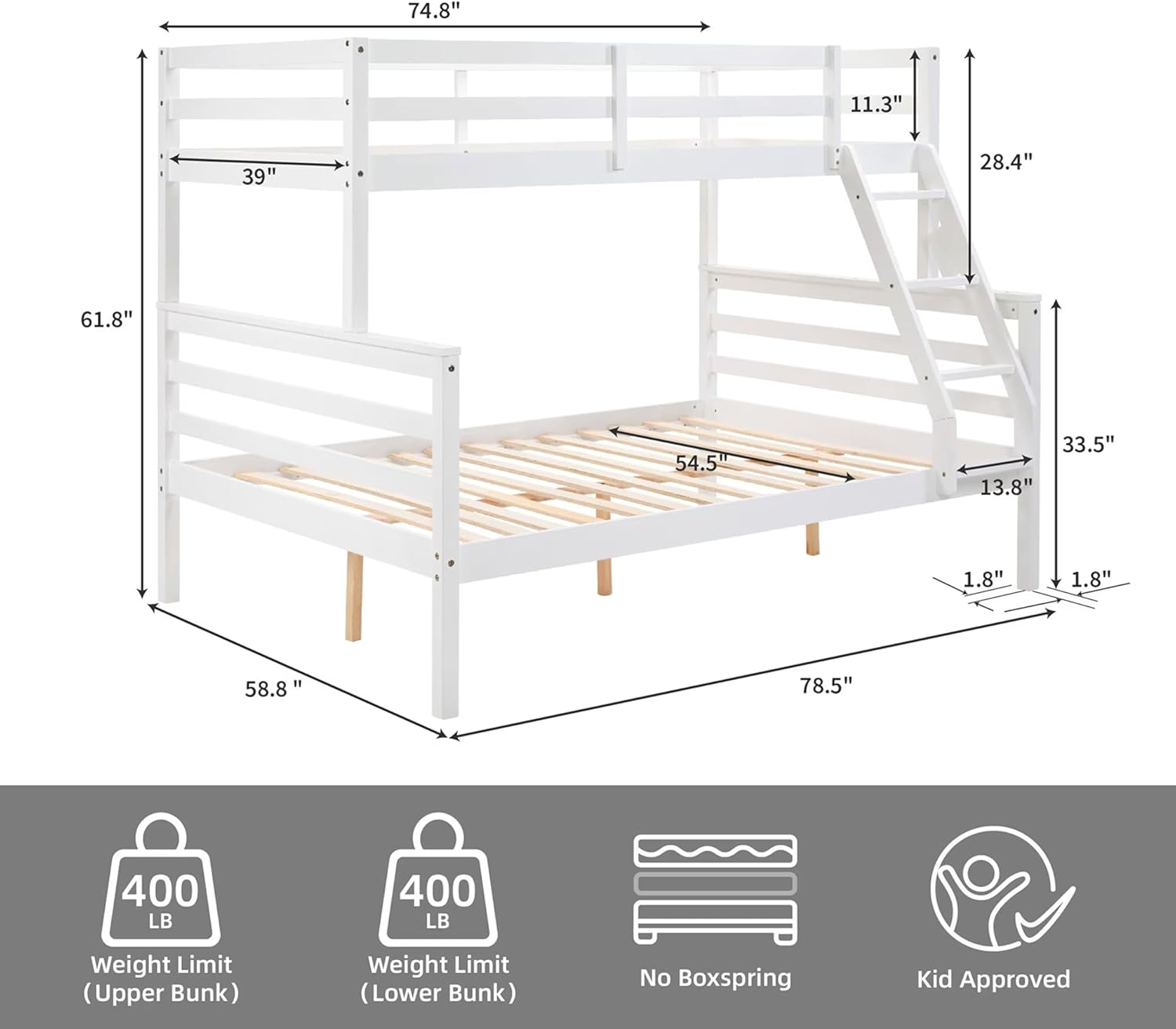Softa Twin Over Full Bunk Bed with Ladder,Wooden Bunk Bed with High Guardrail and Ladder for Kids, Teens, Dorm Rooms, and Guest Rooms,No Box Spring Needed
