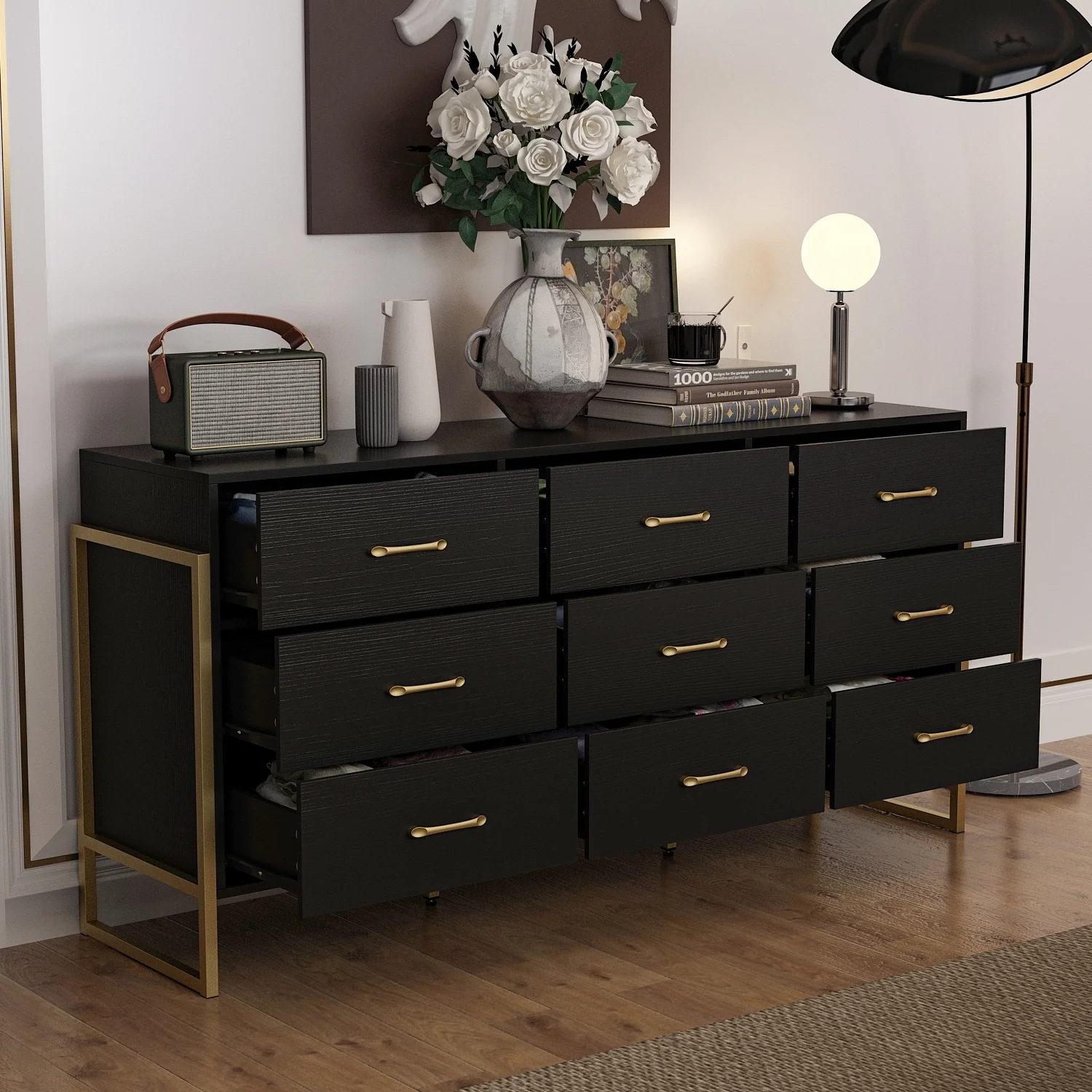 Elegant 9-Drawer Dresser with Gold Accents - Black Stripe Finish Chest