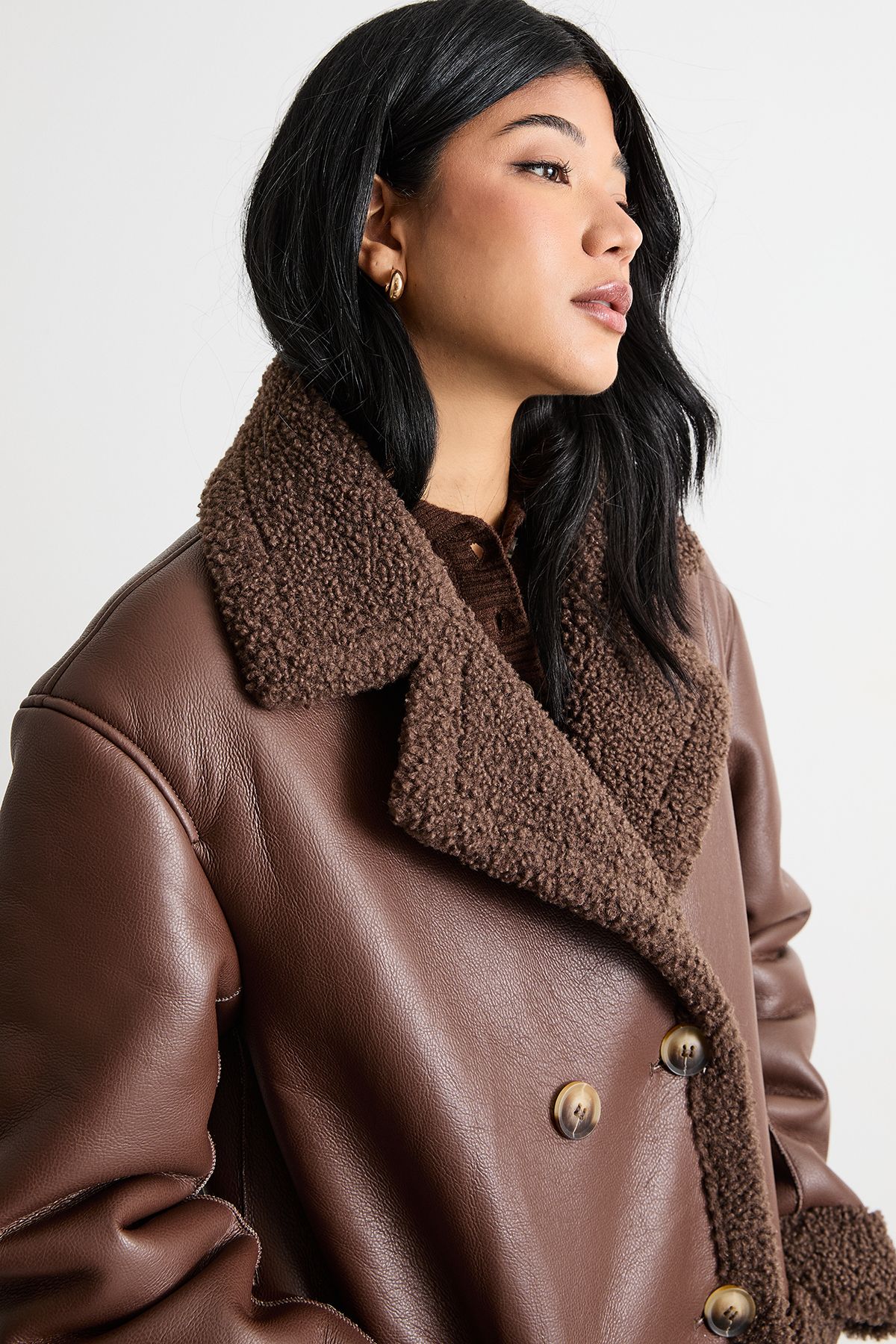 Warehouse Whipstitch Faux Leather Shearling Coat