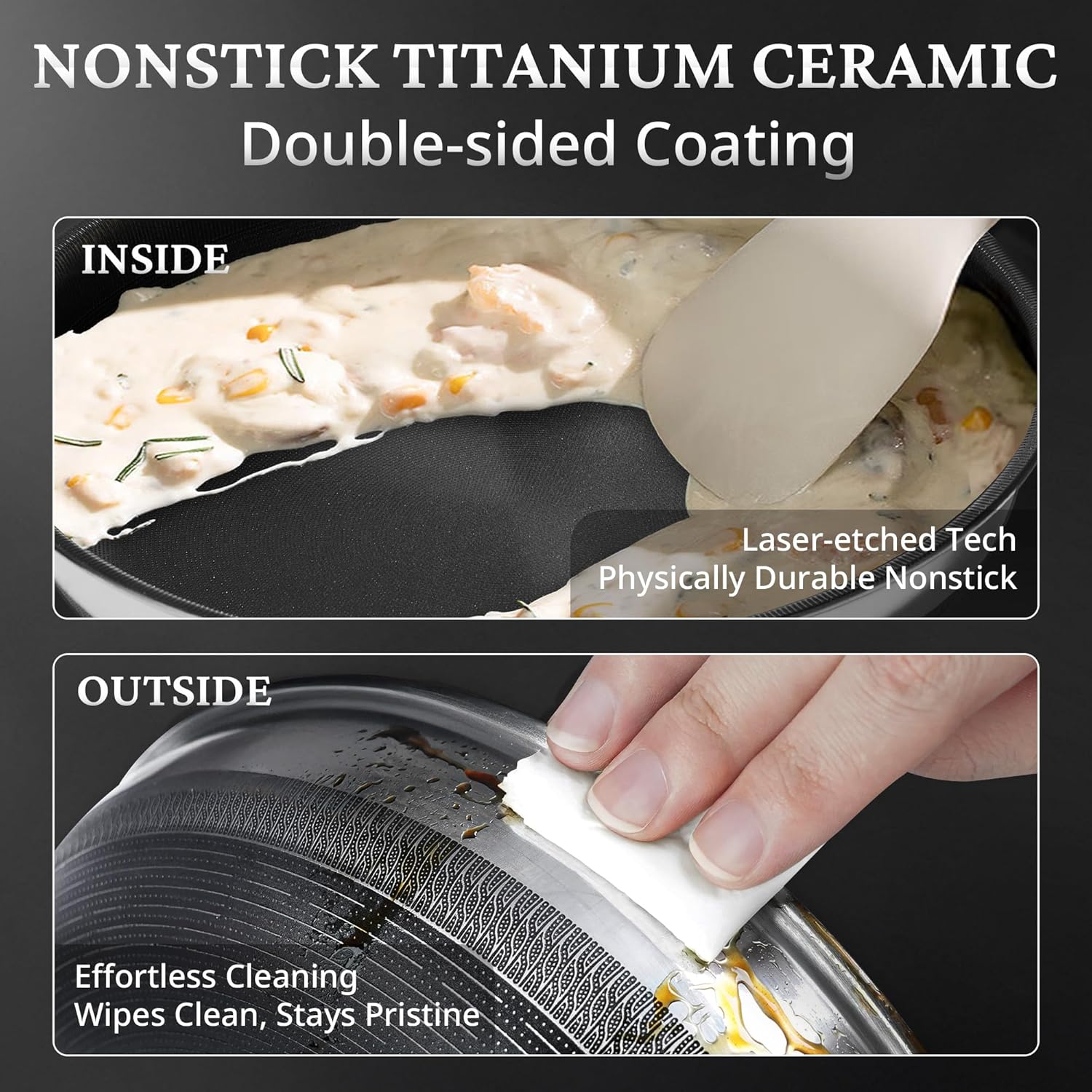 KOKHUB Nonstick Frying Pans with Lids, 8, 10, 12 Titanium Ceramic Tri-Ply Stainless Steel Skillet Set, Non-Toxic, PFAS/PFOA/PTFE Free, Dishwasher & Oven Safe, Induction Compatible