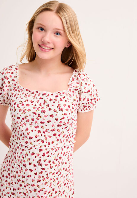 Older Girls White & Red Floral Short Sleeve Empire Dress