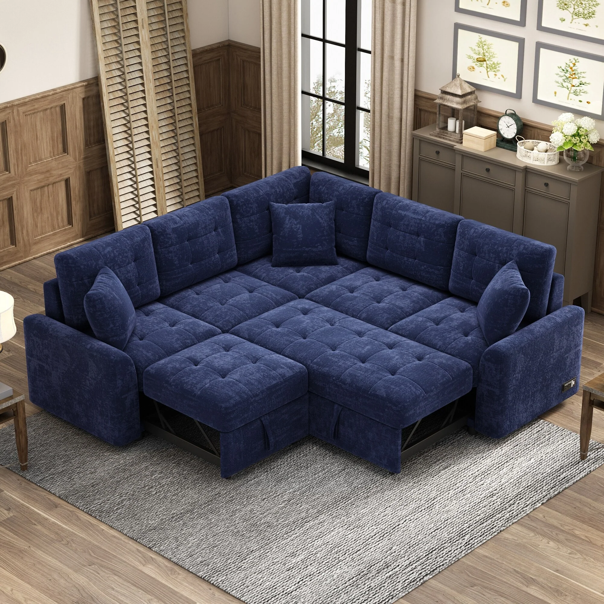 82.6 L-Shaped 5-Seat Sofa with Wheels & Pull-Out Bed