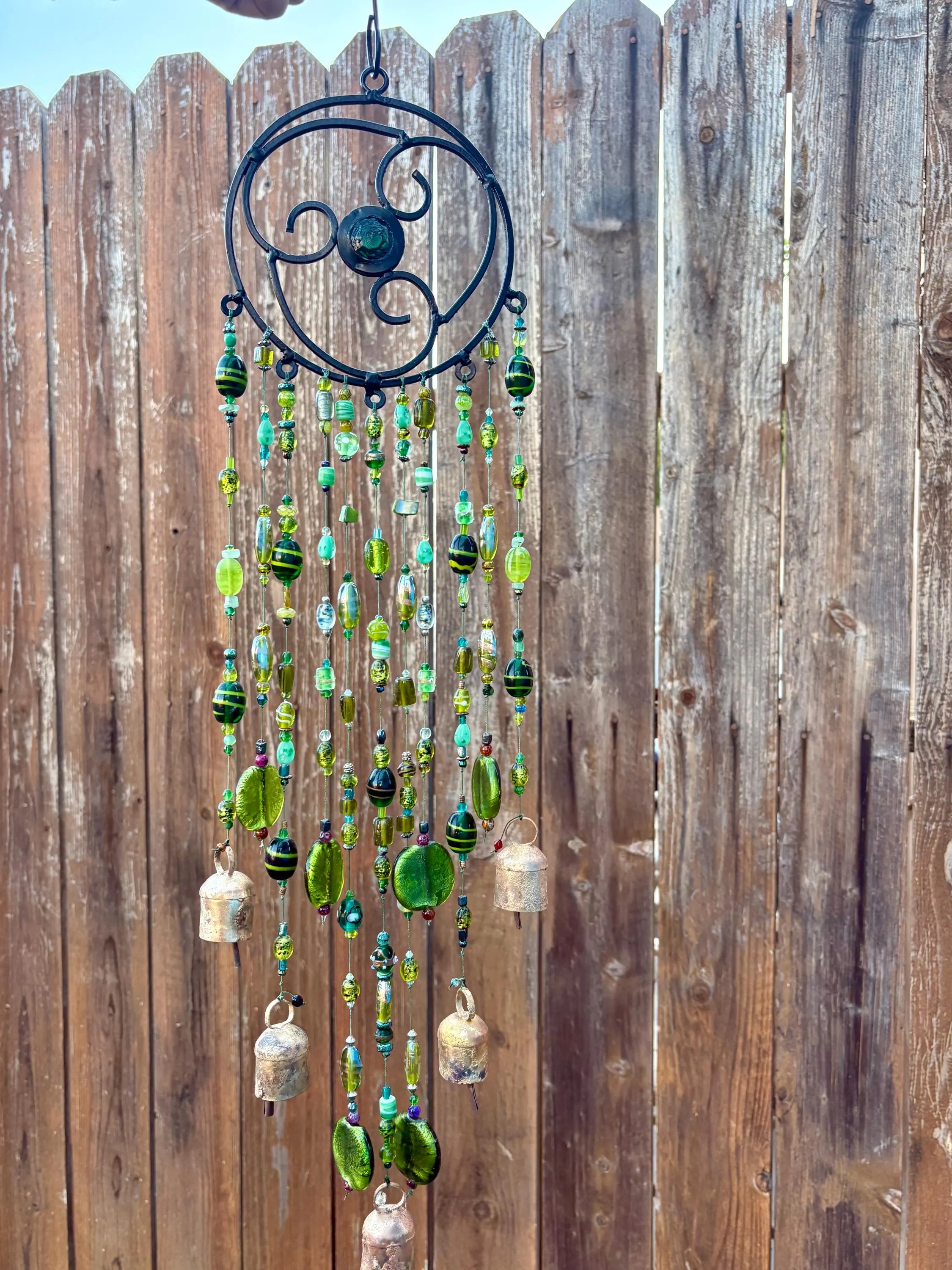 Celtic Triquetra with Bells Wind Chime Trinity Symbol Hanging Hand-Beaded Green Glass Garden Mobile Celtic Knot Sun Catcher Decor