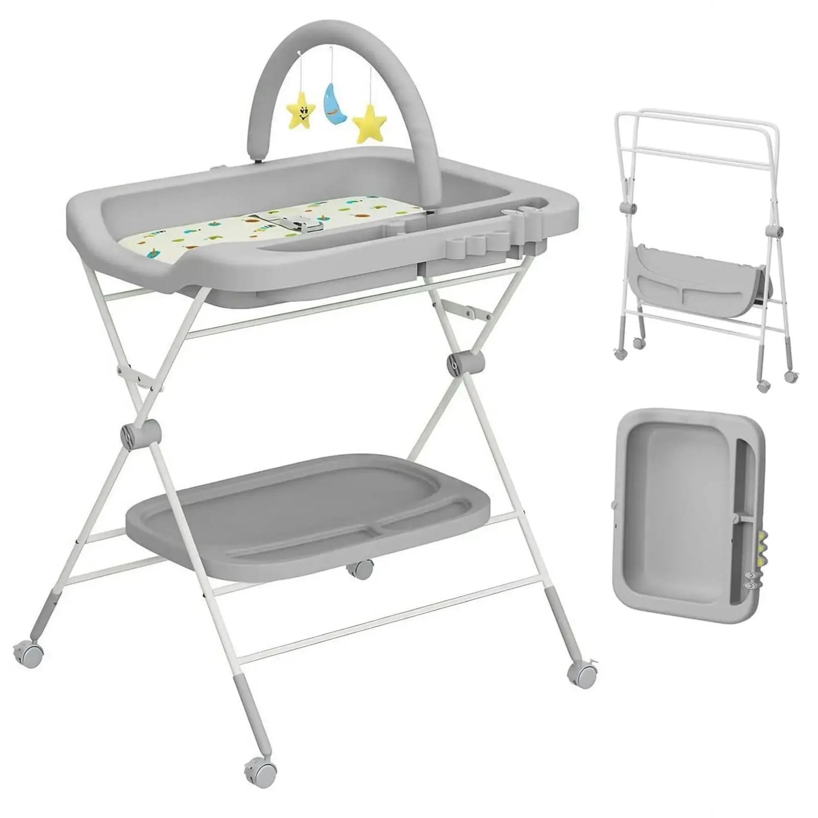 Adjustable Height Portable Folding Baby Diaper Changing Station with Wheels and Steel Pipe Frame