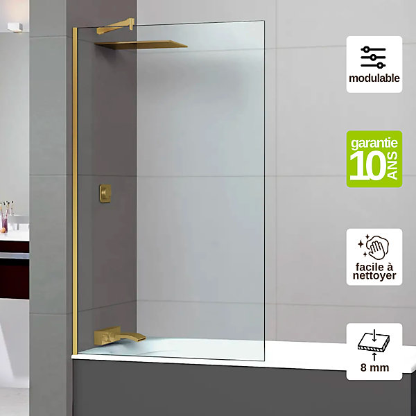 Paroi de baignoire fixe en verre sécurité transparent ép 8mm anti calcaire, L100 x H147 cm, or brossé, SUPERBAN Mont Blanc CC
