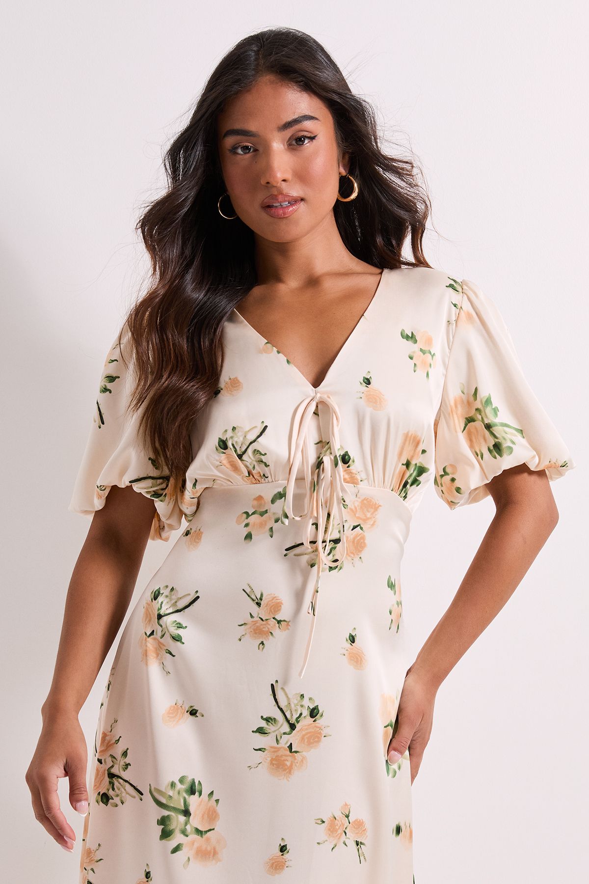 Dorothy Perkins Petite Floral Tie Front Button Down Puff Sleeve Midi Dress