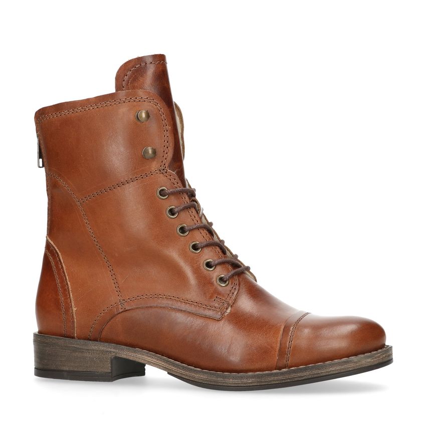 Manfield Cognac leren veterlaarzen met bont voering