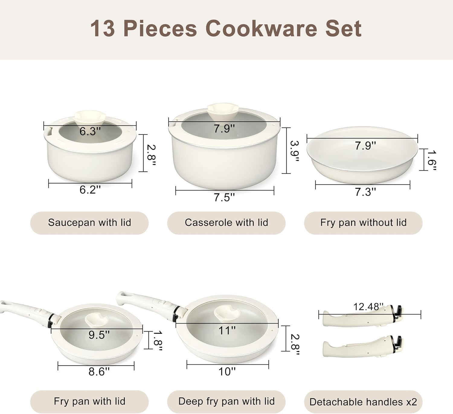 13 Pcs Pots and Pans Set, Nonstick Cookware Set with Lids and Detachable Handle, PFAS & PFOA Free, Non-Toxic Healthy Kitchen Cooking Set