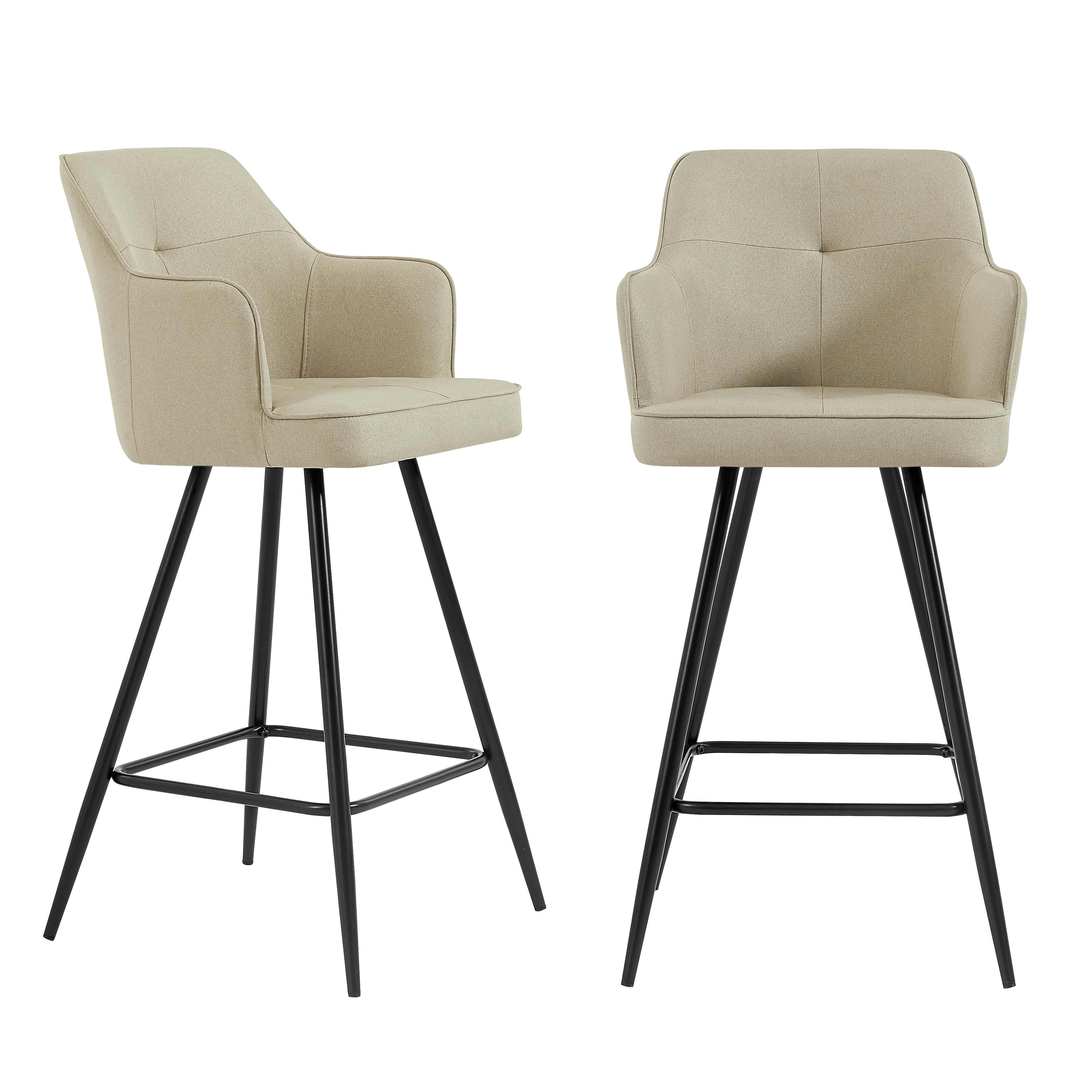 GUSTAVE - Lot de 2 tabourets de bar en tissu sable piètement noir