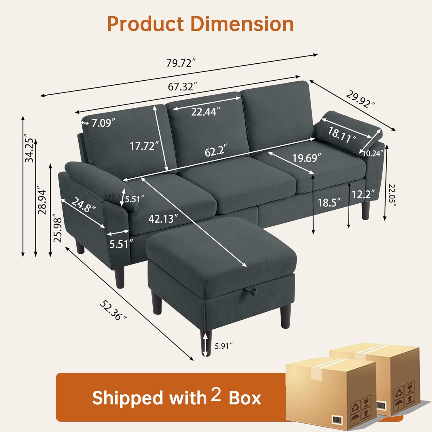 Convertible Sectional Sofa, Modern L Shaped 3-seat Sofa, 79 Linen Fabric Small Sectional Couch with Movable Ottoman, Couch for Small Spaces Living Room (Dark Grey)