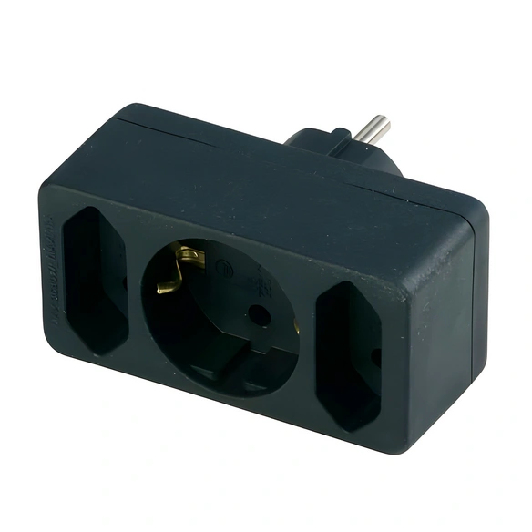 Übergangsstecker, 1-   2-fach, Schwarz, Kunststoff