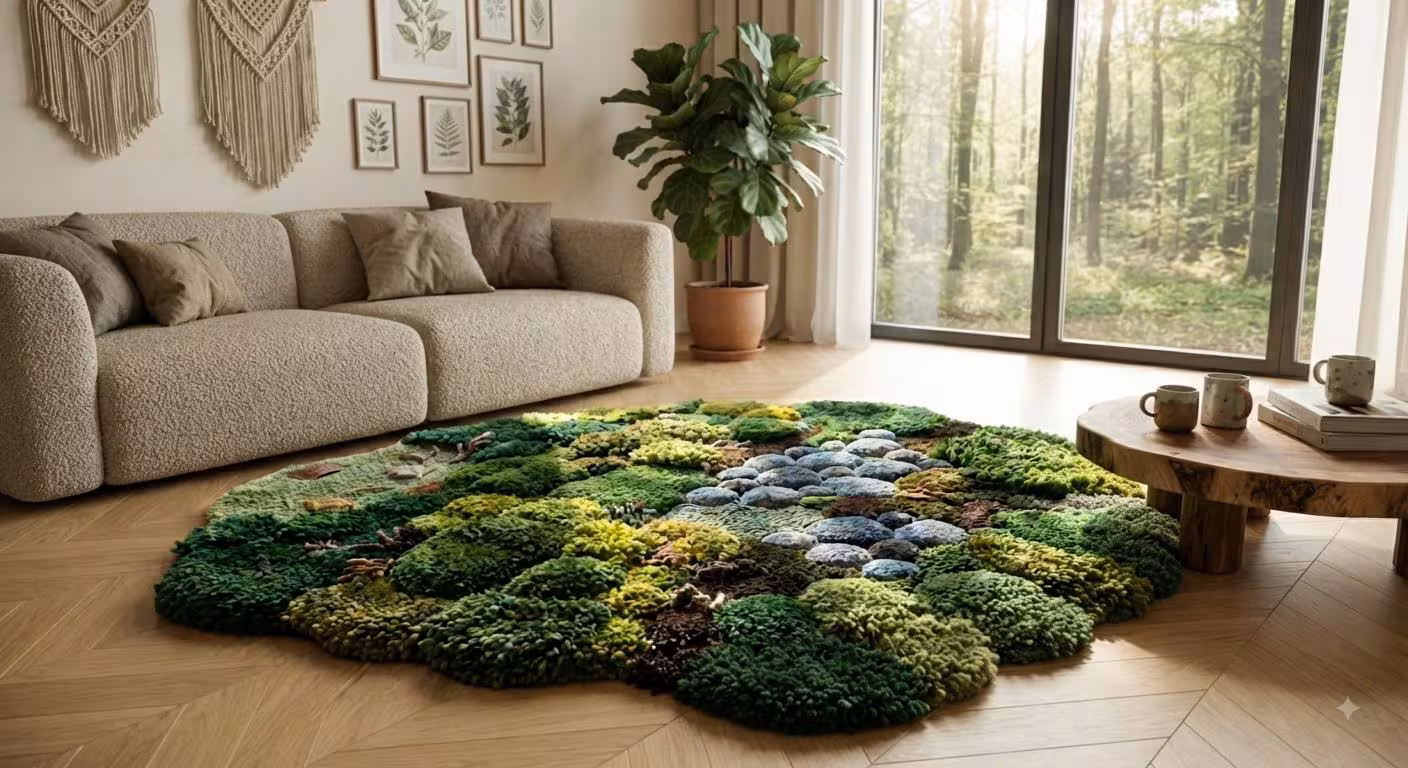 Moss Garden Wool Rug, Hand Tufted Green Botanical 5x8 rug, Organic Nature Inspired Decor, Moss green area rug,