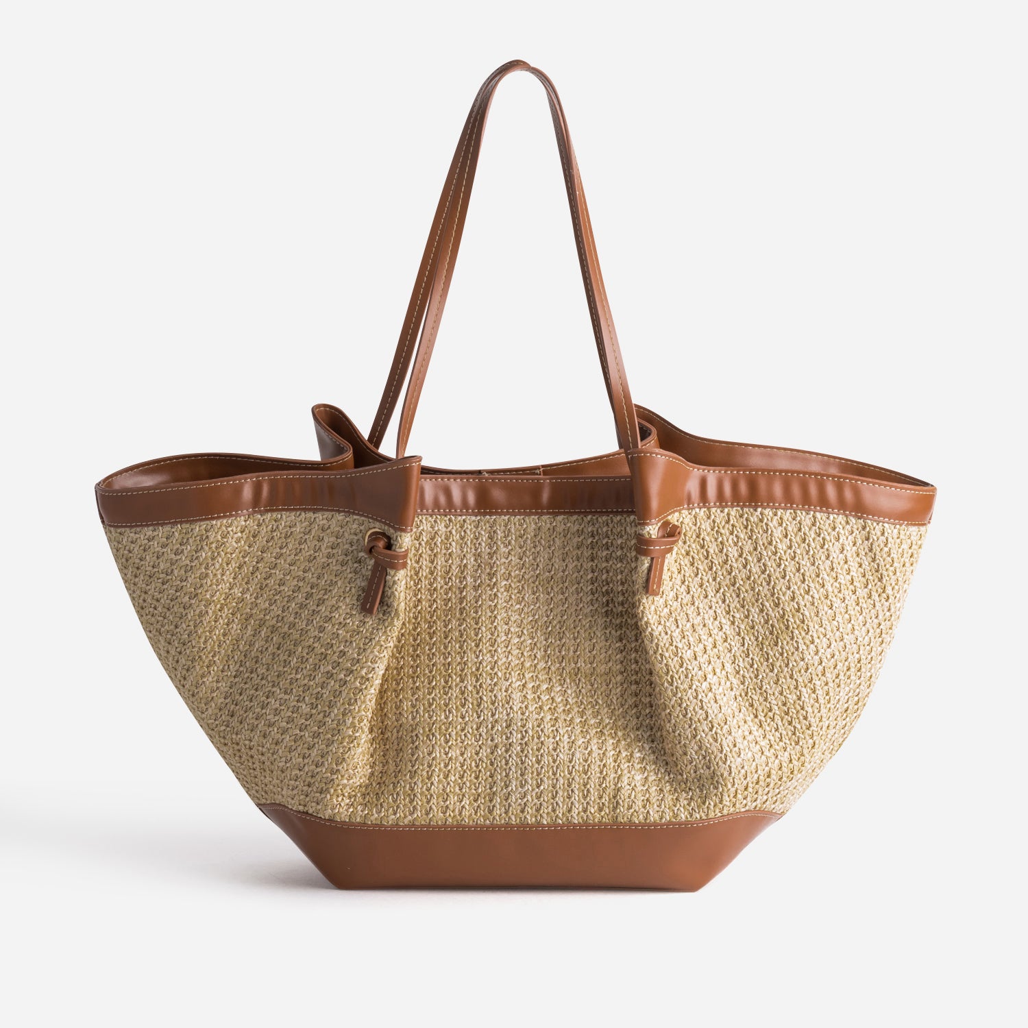 Sac cabas beige tressé et camel